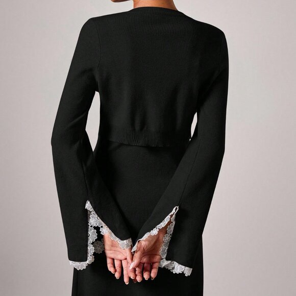 Black Elegant Women's Knit Sweater Lace detailed Dress & Cardigan Set - Picture 6 of 14